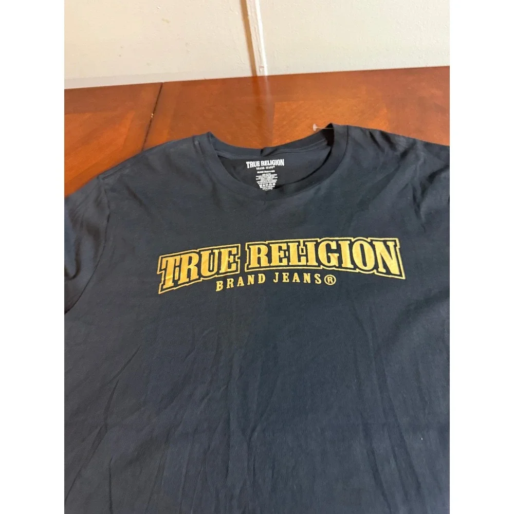 True Religion Mens Graphic T-Shirt Black Gold Logo Short Sleeve 2XL